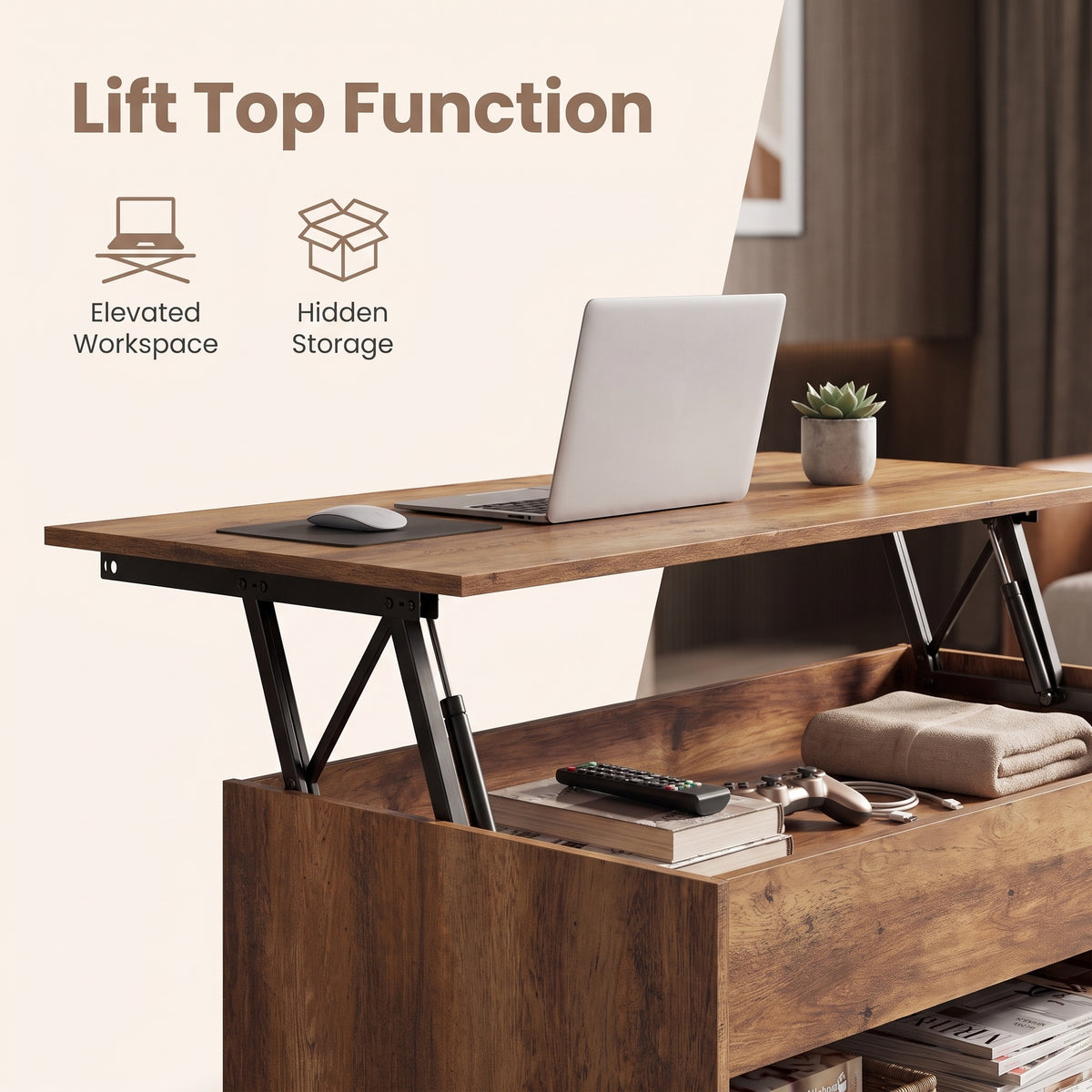 Rising Desktop Coffee Table, Gas Spring Lift Mechanism, Hidden Underseat Storage & Bottom Shelf, for Living Room Office, Honey Brown