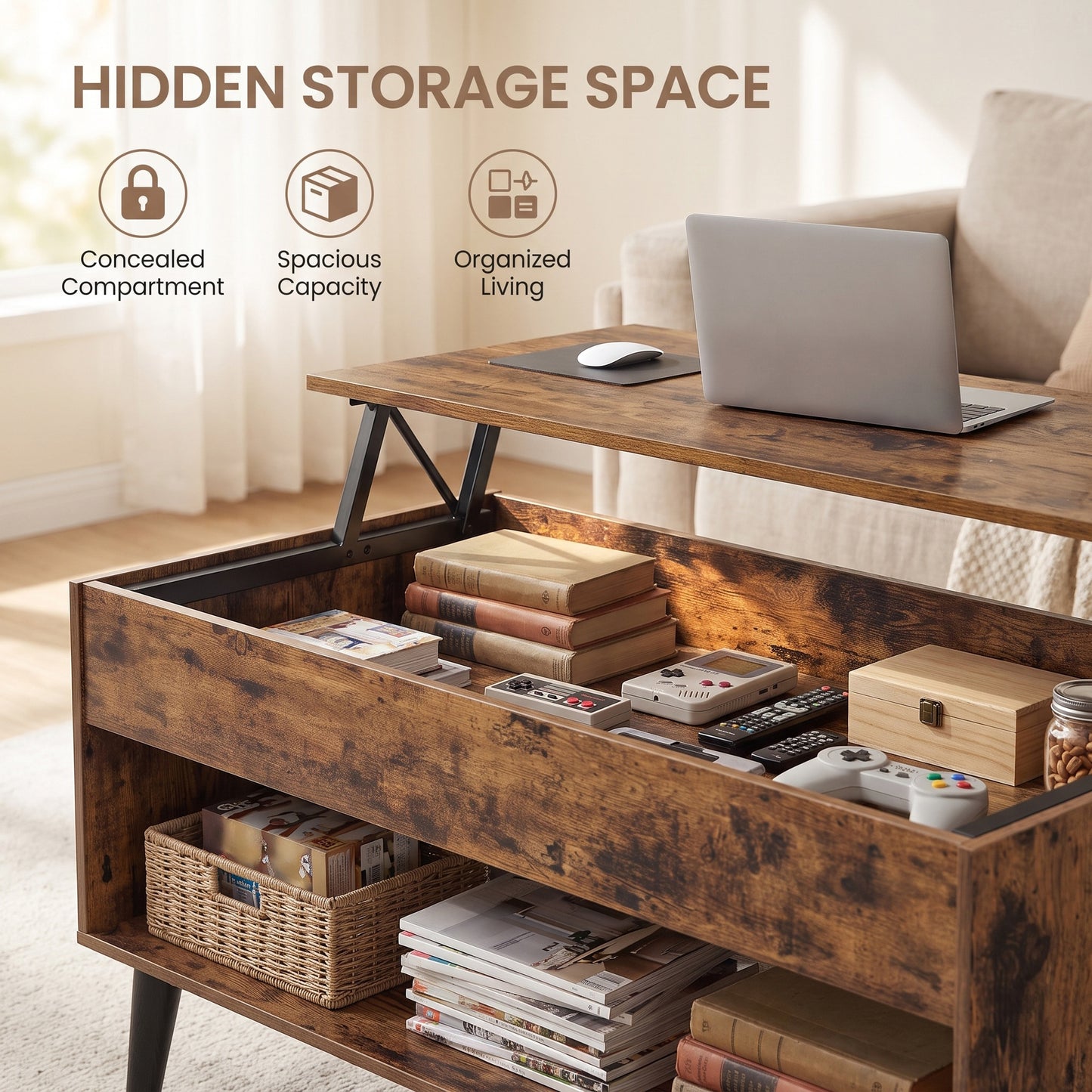 Gas-Spring Lift-Top Coffee Table, Convertible Work or Dining Surface, Hidden Compartment & Bottom Shelf, Rustic Brown