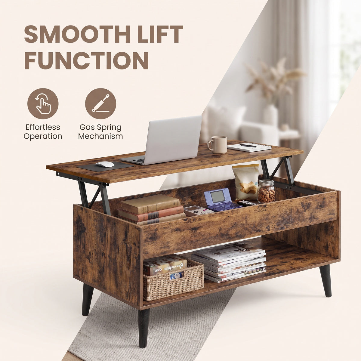 Gas-Spring Lift-Top Coffee Table, Convertible Work or Dining Surface, Hidden Compartment & Bottom Shelf, Rustic Brown
