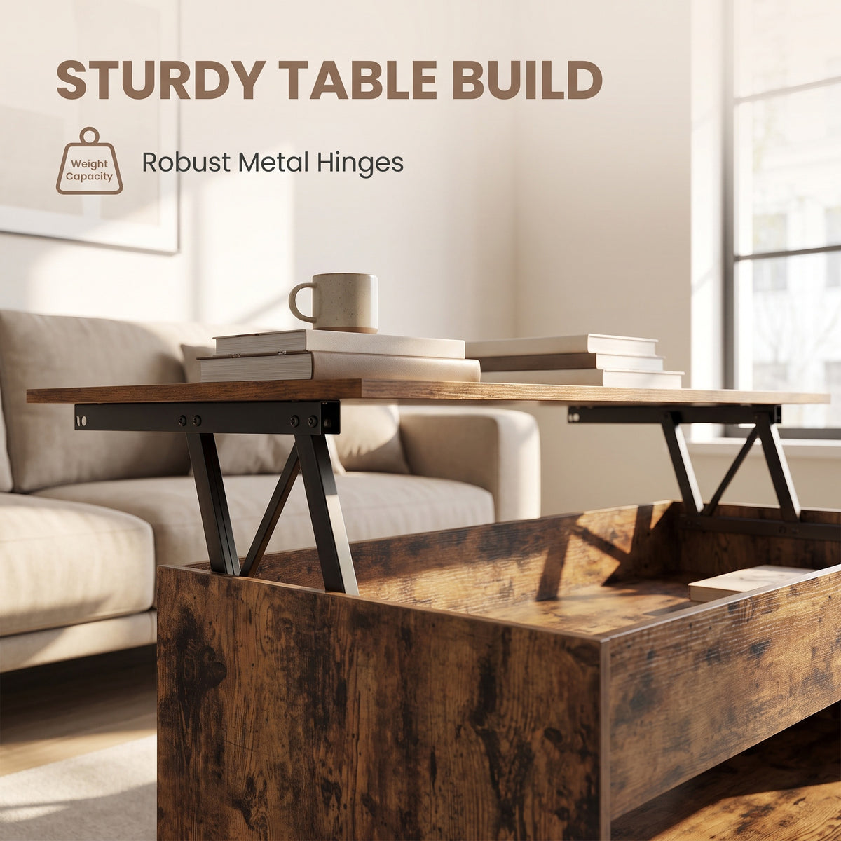 Gas-Spring Lift-Top Coffee Table, Convertible Work or Dining Surface, Hidden Compartment & Bottom Shelf, Rustic Brown