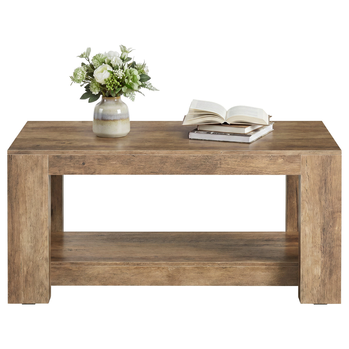 2-Tier Coffee Table, Center Table with Open Storage, Particleboard, 39.4" Wide, for Living Room, Warm Brown – Koni Collection