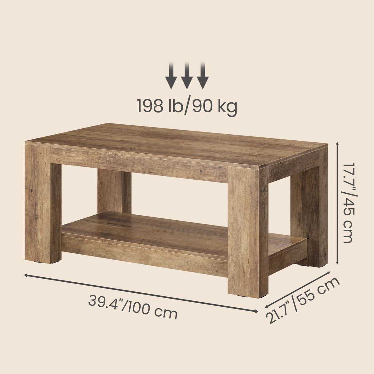 2-Tier Coffee Table, Center Table with Open Storage, Particleboard, 39.4" Wide, for Living Room, Warm Brown – Koni Collection