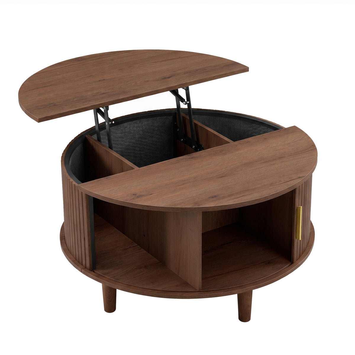 Round Lift Top Coffee Table with Hidden Storage, Mid-Century Modern Fluted Wood, 31.5 x 31.5 x 17.7 Inches, Tan