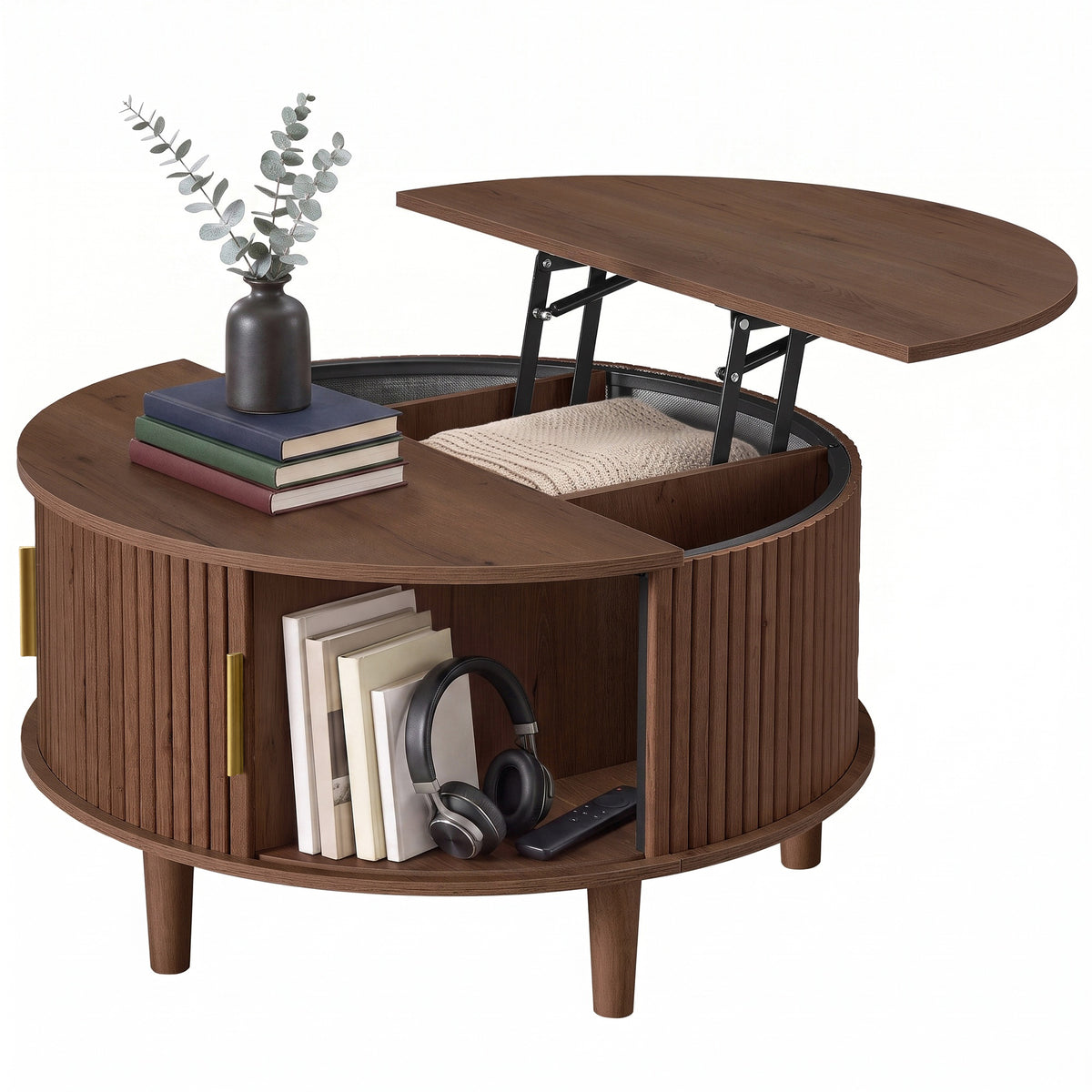 Round Lift Top Coffee Table with Hidden Storage, Mid-Century Modern Fluted Wood, 31.5 x 31.5 x 17.7 Inches, Tan