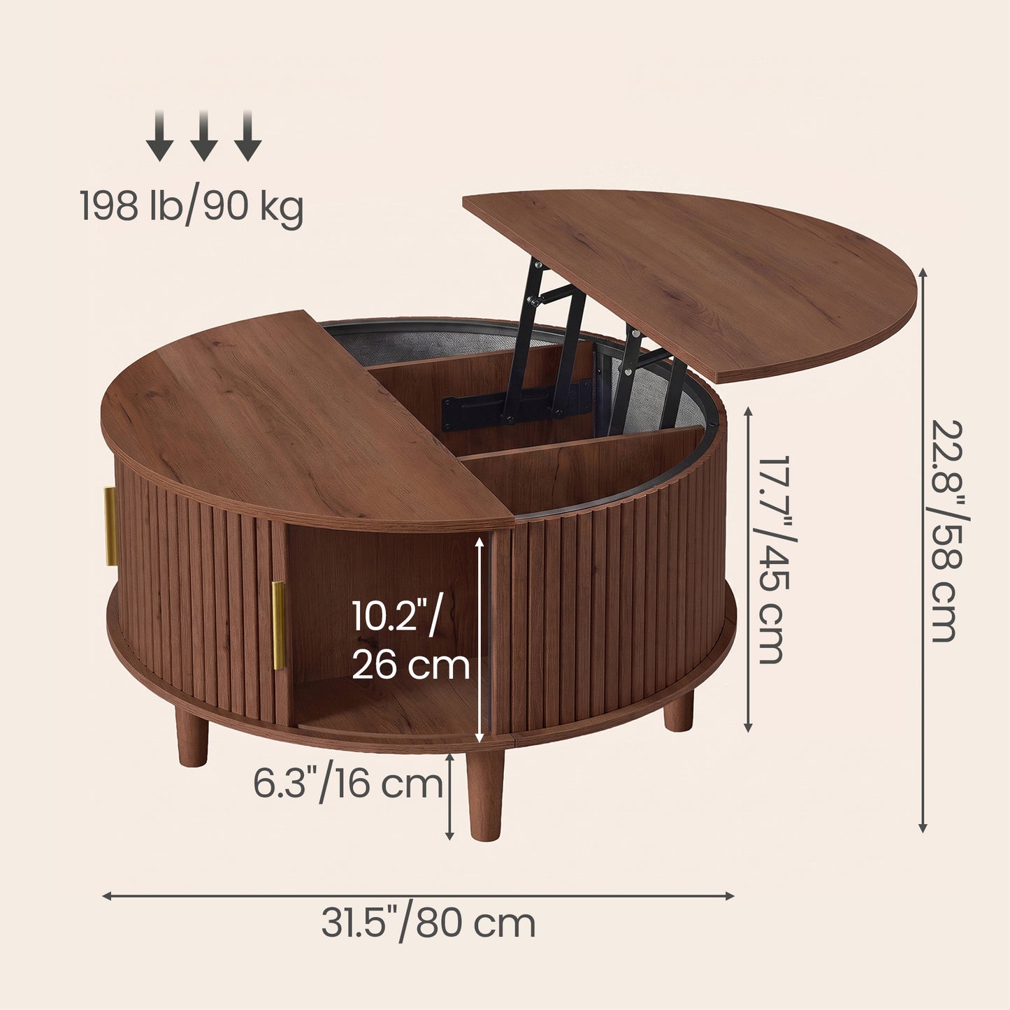Round Lift Top Coffee Table with Hidden Storage, Mid-Century Modern Fluted Wood, 31.5 x 31.5 x 17.7 Inches, Tan
