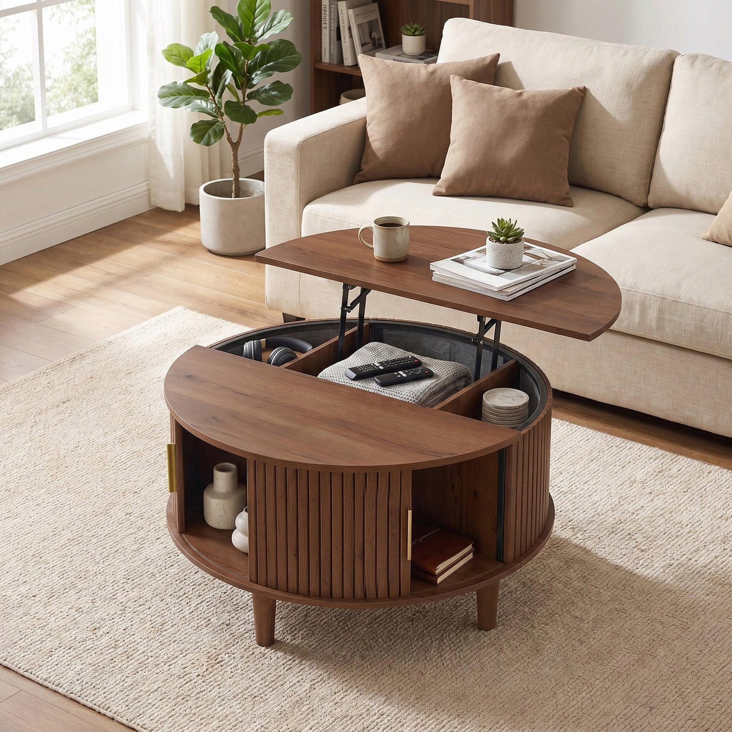 Round Lift Top Coffee Table with Hidden Storage, Mid-Century Modern Fluted Wood, 31.5 x 31.5 x 17.7 Inches, Tan