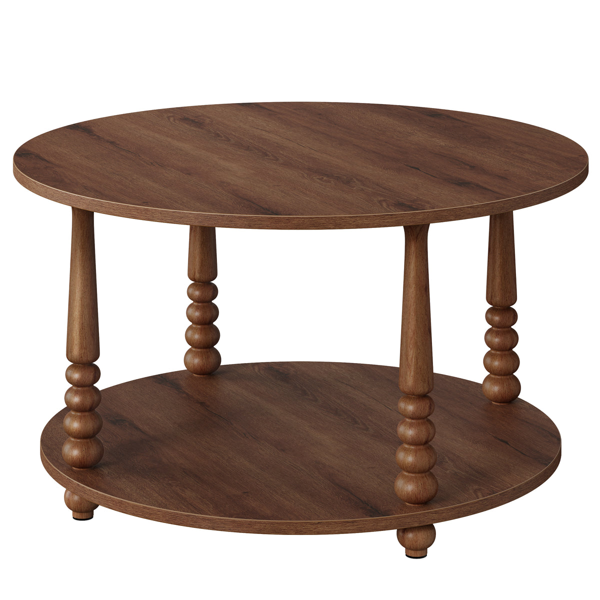 2-Tier Transitional Round Coffee Table with Storage Shelf, 31.5 x 31.5 x 17.7 inches, Chestnut Walnut