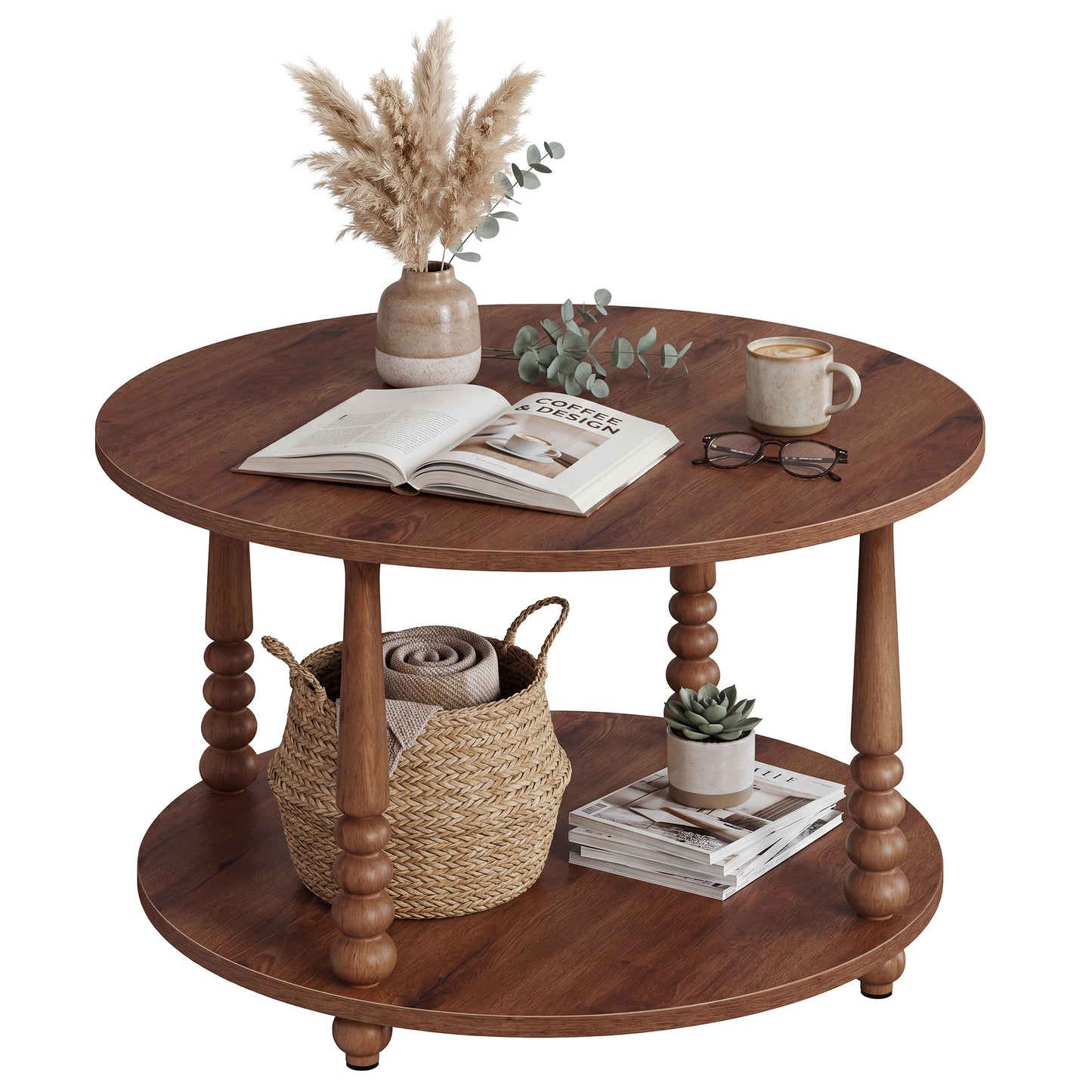 2-Tier Transitional Round Coffee Table with Storage Shelf, 31.5 x 31.5 x 17.7 inches, Chestnut Walnut