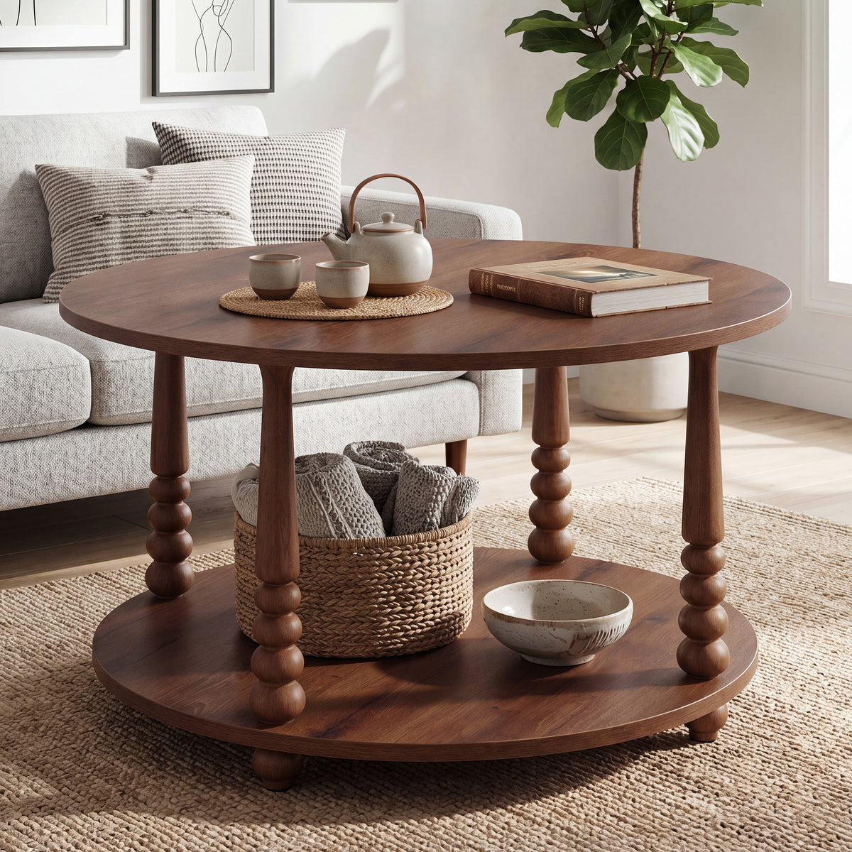 2-Tier Transitional Round Coffee Table with Storage Shelf, 31.5 x 31.5 x 17.7 inches, Chestnut Walnut