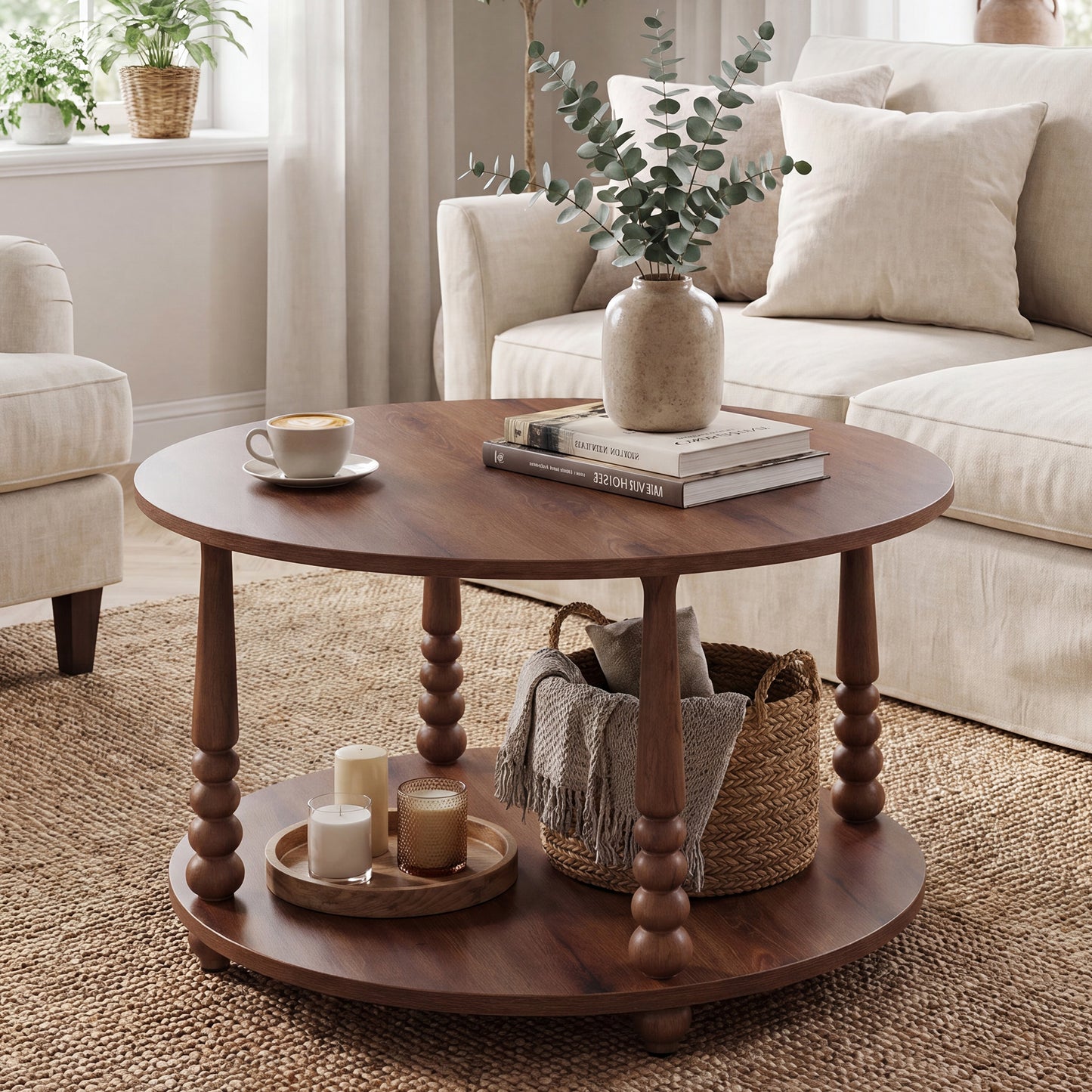 2-Tier Transitional Round Coffee Table with Storage Shelf, 31.5 x 31.5 x 17.7 inches, Chestnut Walnut