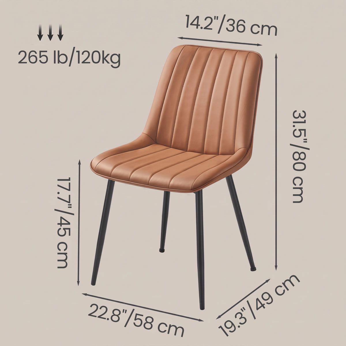 LEDREM Dining Chairs Set of 2, Upholstered PU Leather Accent Chairs with Metal Legs, 19.3 x 22.8 x 31.5 inches, Caramel Brown