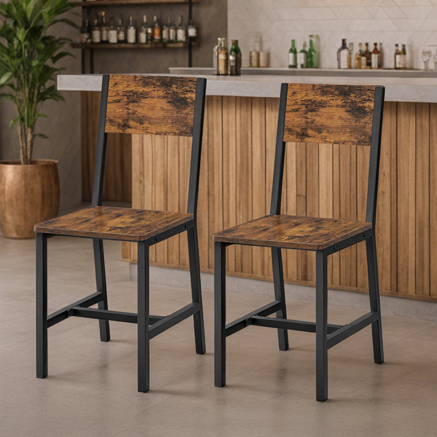 LEDREM 2-Pack Farmhouse Dining Chairs - Metal Frame, 220lb Capacity, Easy Assembly, Multi-Purpose Use, Rustic Brown and Black