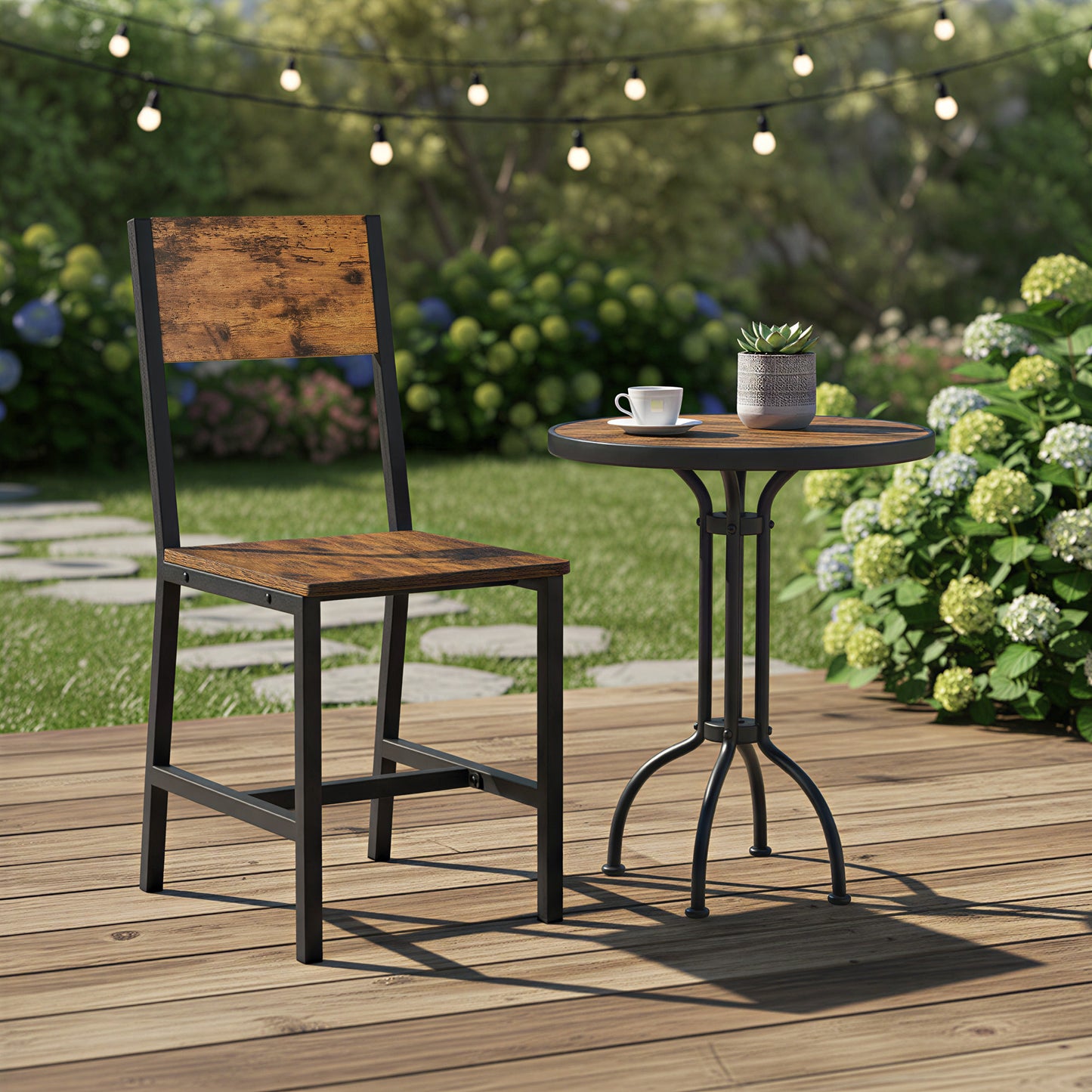Set of 4 Rustic Farmhouse Dining Chairs, Wooden Seat with Metal Steel Frame, for Kitchen, Living Room, Bedroom, Rustic Brown and Ink Black