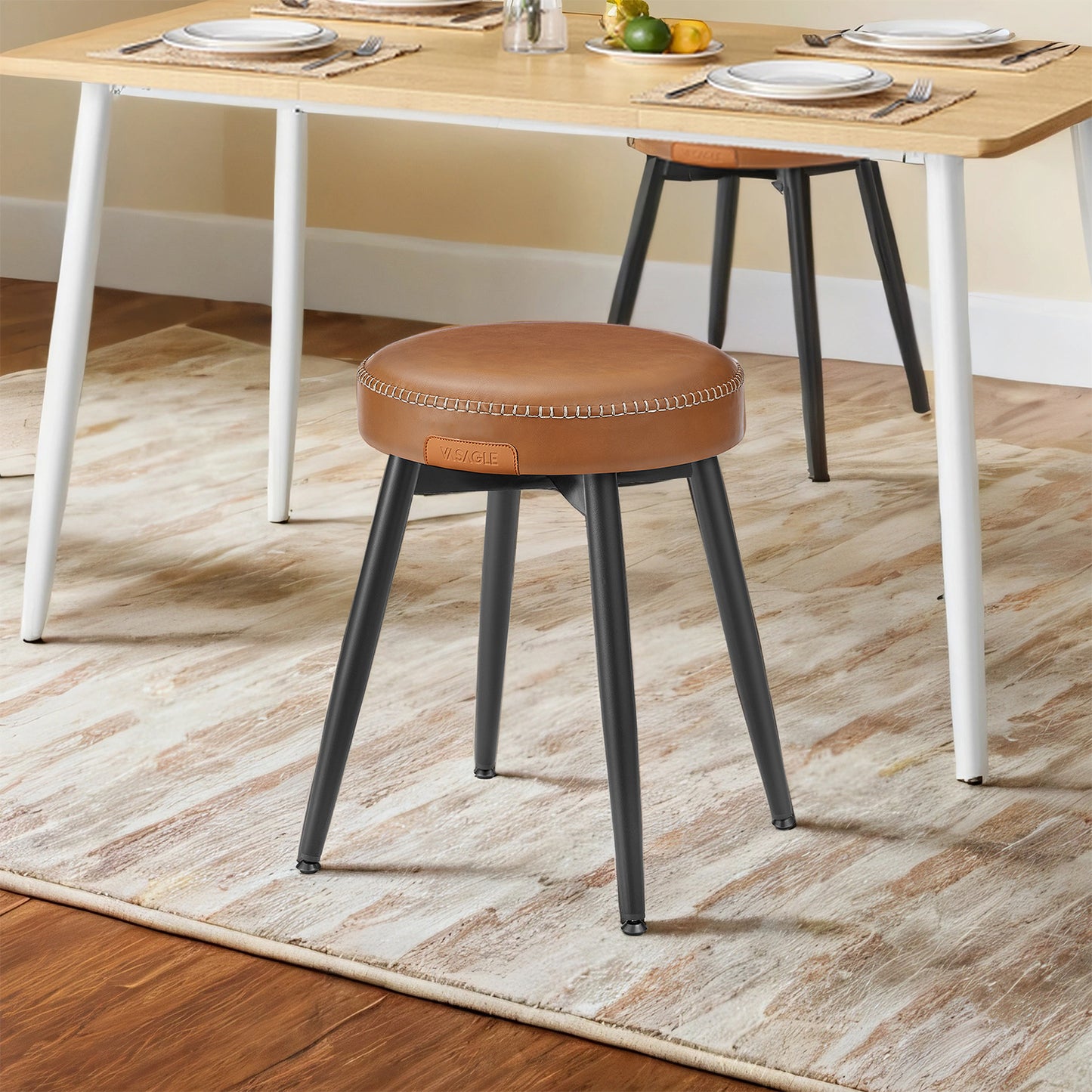 Set of 2 Upholstered Dining & Vanity Stools, Mid-Century Modern Kitchen Chairs with Padded Synthetic Leather Seats, 19-Inch Tall, Easy Assembly, Caramel Brown