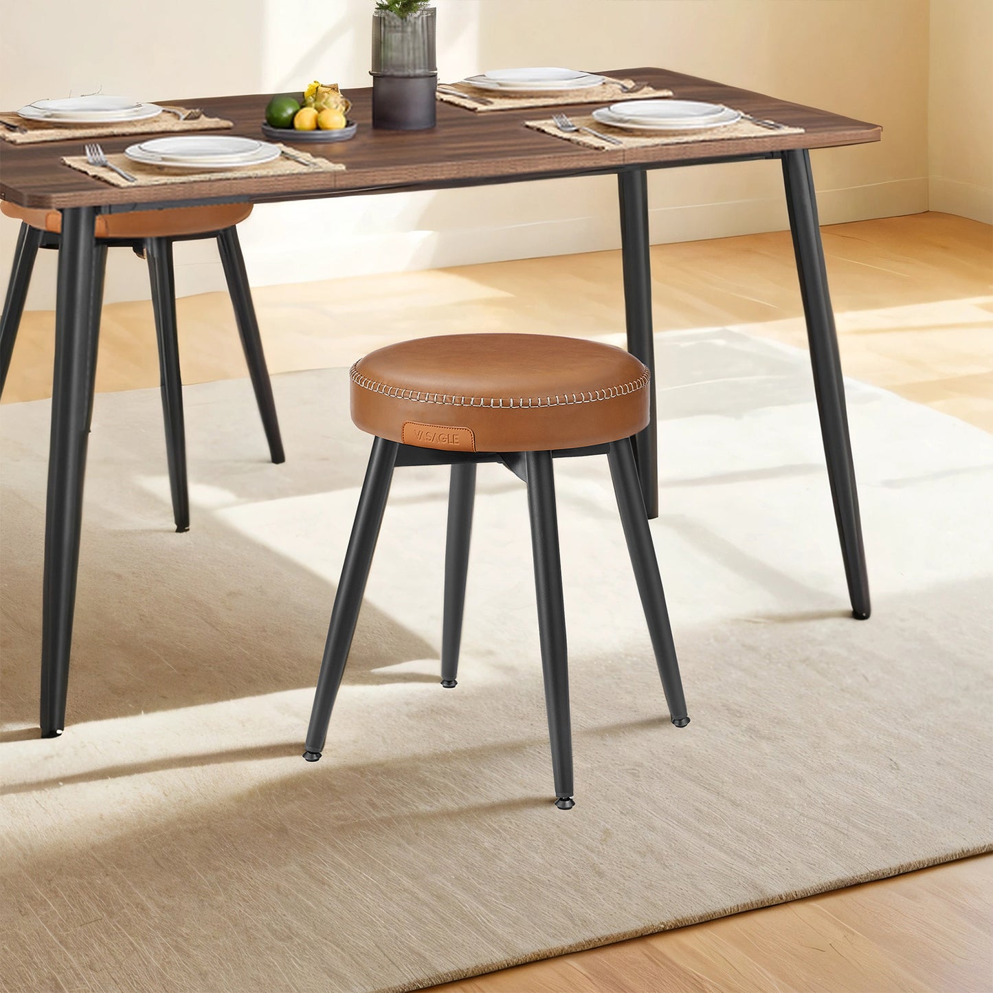 Set of 2 Upholstered Dining & Vanity Stools, Mid-Century Modern Kitchen Chairs with Padded Synthetic Leather Seats, 19-Inch Tall, Easy Assembly, Caramel Brown