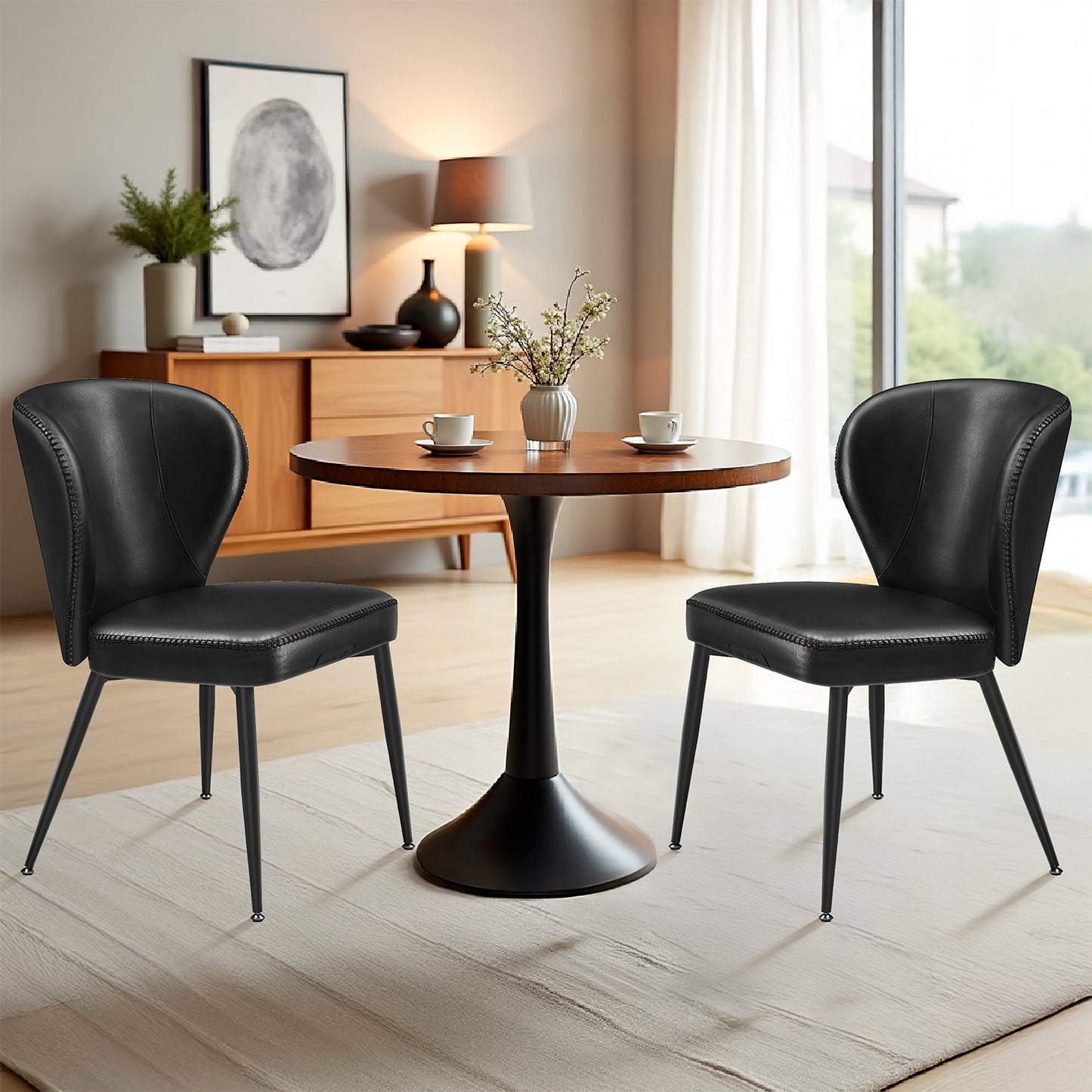 Set of 2 Mid-Century Modern Dining Chairs, Upholstered Kitchen Chairs with Synthetic Leather & Stitching, Award-Winning Design, Ink Black