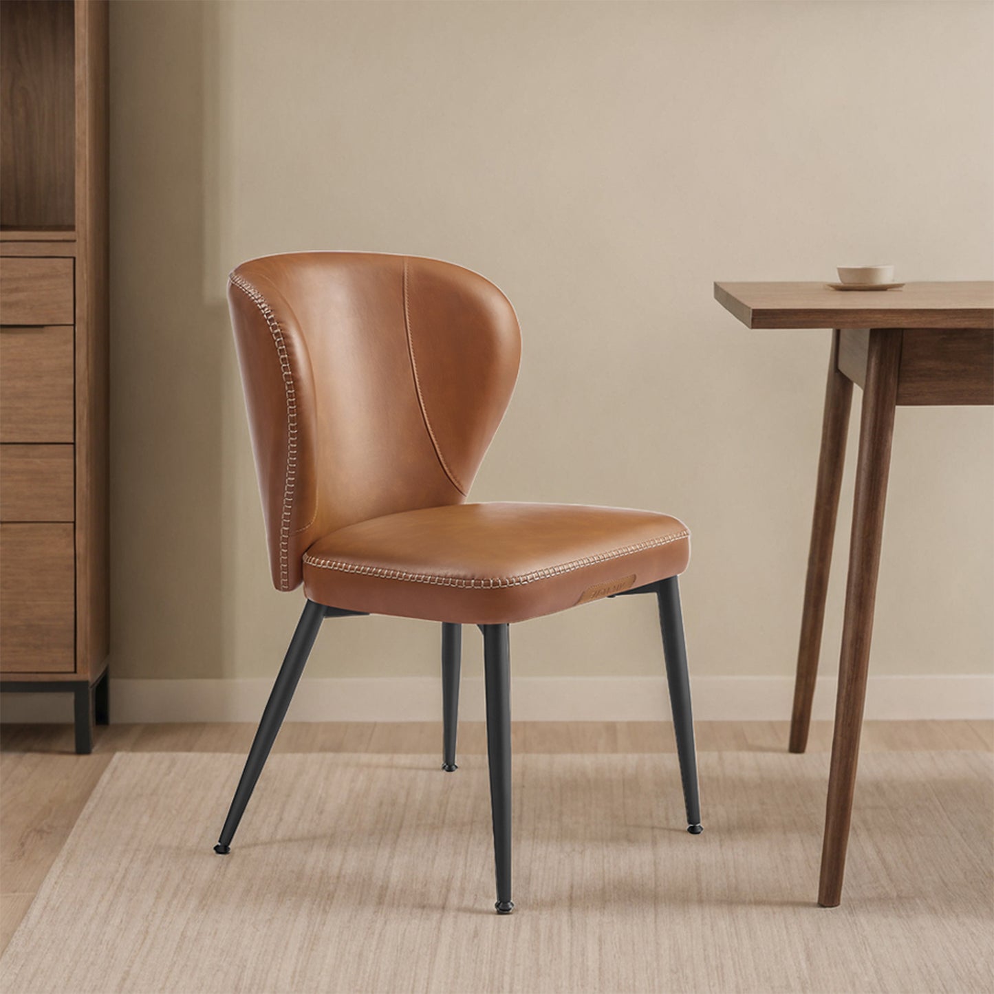 Set of 2 Mid-Century Modern Dining Chairs, Upholstered Kitchen Chairs with Synthetic Leather & Stitching, Award-Winning Design, Caramel Brown