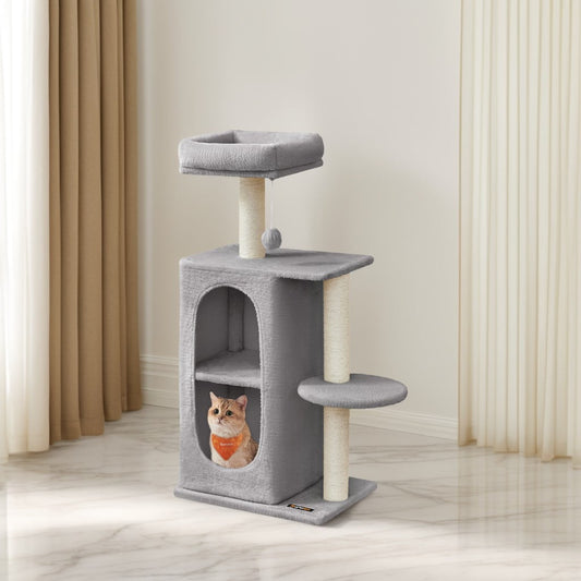2-Level Cat Tree with Dual Plush Caves, Sisal Scratching Posts & Perch, Compact Cat Tower for Kittens and Indoor Cats, Light Gray