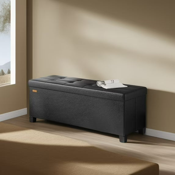 43-Inch Storage Ottoman Bench, 660 lb Capacity Foldable Footrest with 30 Gallon Storage, Synthetic Leather, Ink Black