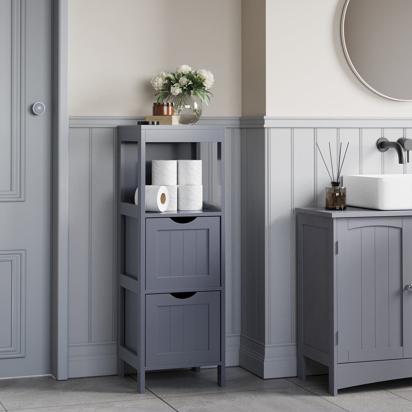 Corner Bathroom Cabinet with 2 Drawers & Open Shelf - 35" Tall Storage Organizer, Freestanding Design, Space-Saving, Grey