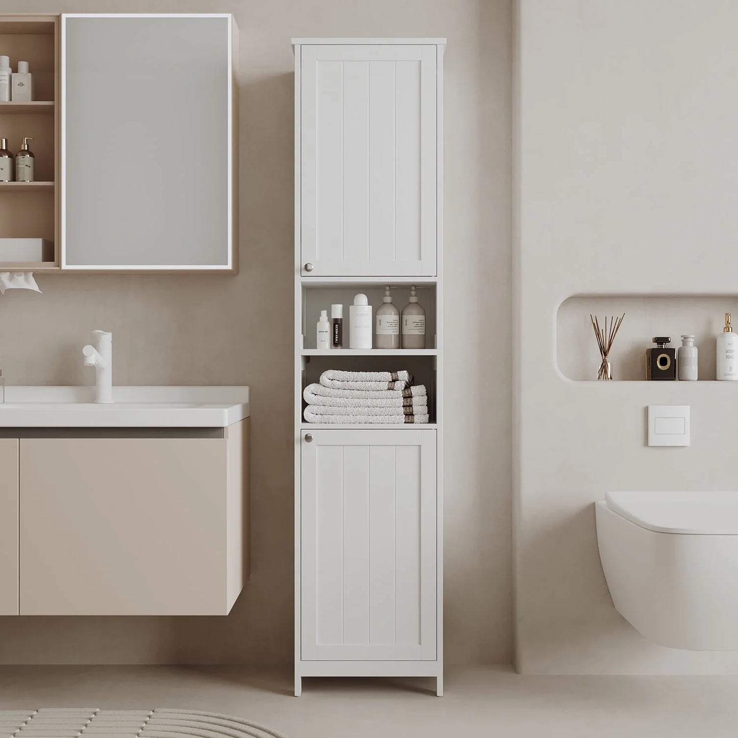Freestanding Bathroom Storage Cabinet with Door-Activated Lights, Adjustable Shelves, Space-Saving Design, Left/Right Door Options, Cloud White