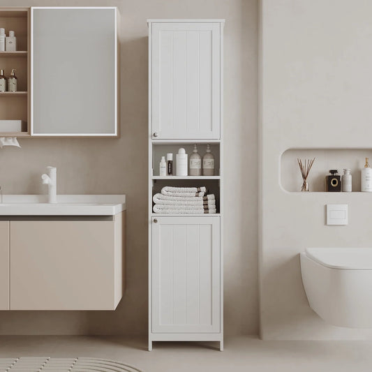 Freestanding Bathroom Storage Cabinet with Door-Activated Lights, Adjustable Shelves, Space-Saving Design, Left/Right Door Options, Cloud White