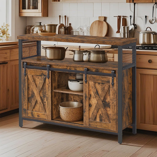 Industrial Coffee Bar Cabinet - 39.4" Sideboard with 2 Sliding Barn Doors & Adjustable Shelves, Rustic Brown and Black