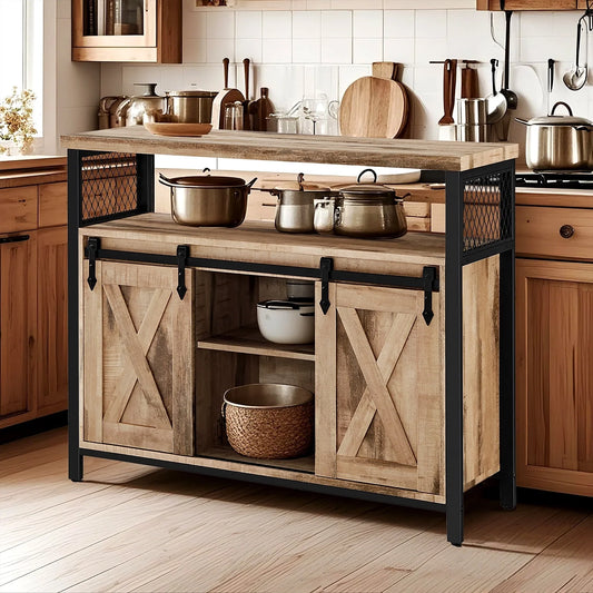 Industrial Coffee Bar Cabinet - 39.4" Sideboard with 2 Sliding Barn Doors, Adjustable Shelves, Steel Frame, Camel Brown and Black
