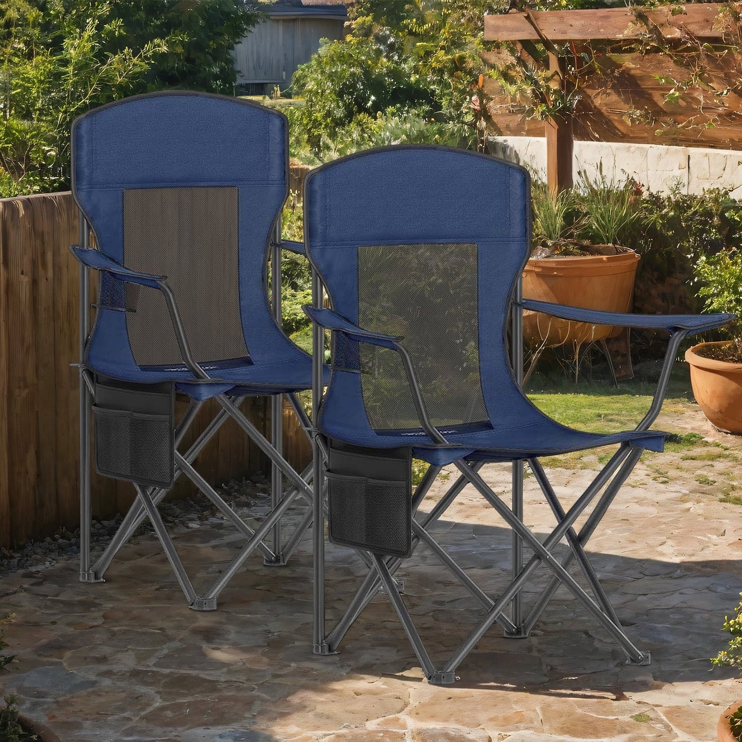 Premium Folding Camping Chairs Set of 2 - High Back Mesh Design, Adjustable Armrests, 330lb Capacity, with Cup Holder & Storage Pocket, Harbor Blue