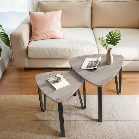 Set of 2 Nesting Coffee Tables, Industrial Stacking Side Tables with Metal Frame, 200 lb Capacity, Heather Greige & Black