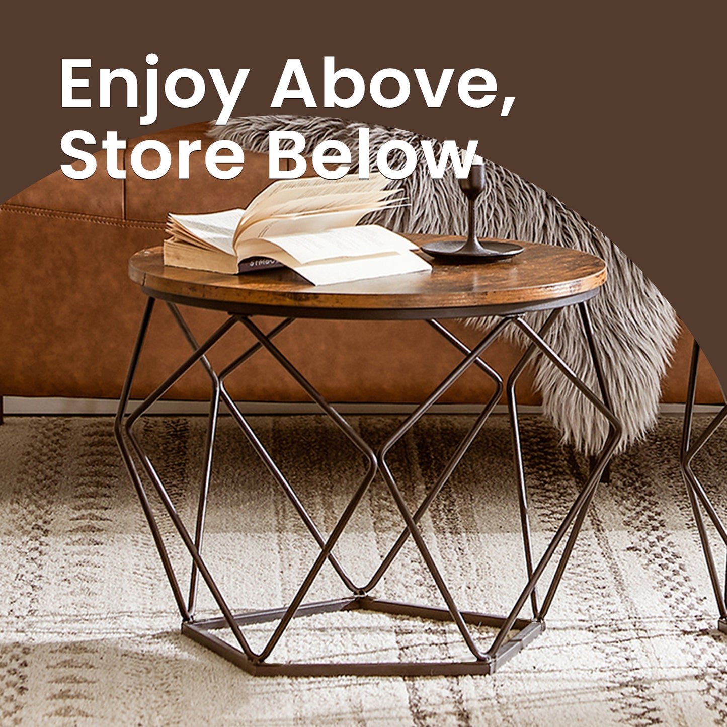 Set of 2 Round Coffee Tables, Small Side End Tables with Steel Frame for Living Room and Bedroom, Rustic Brown and Ink Black
