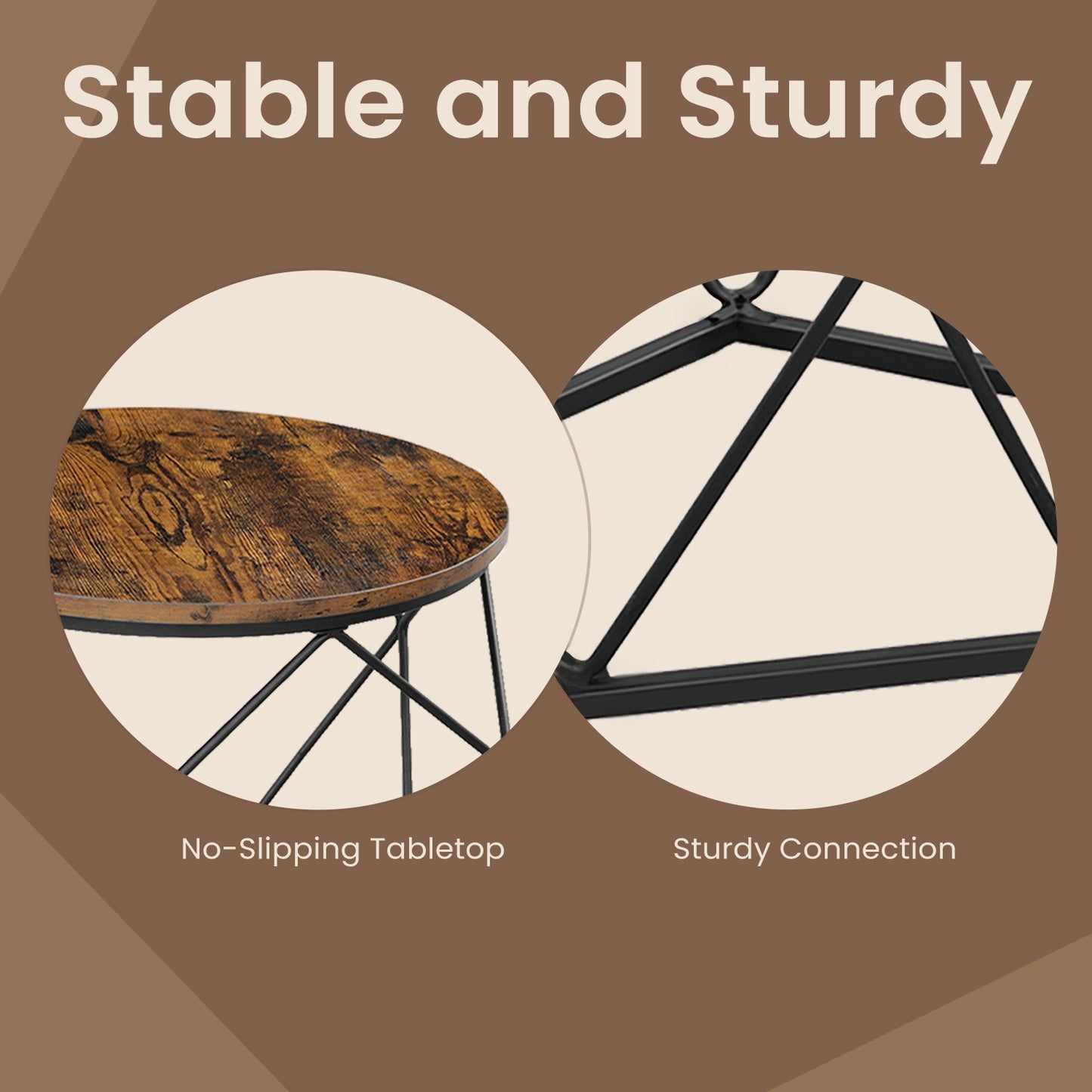 Set of 2 Round Coffee Tables, Small Side End Tables with Steel Frame for Living Room and Bedroom, Rustic Brown and Ink Black
