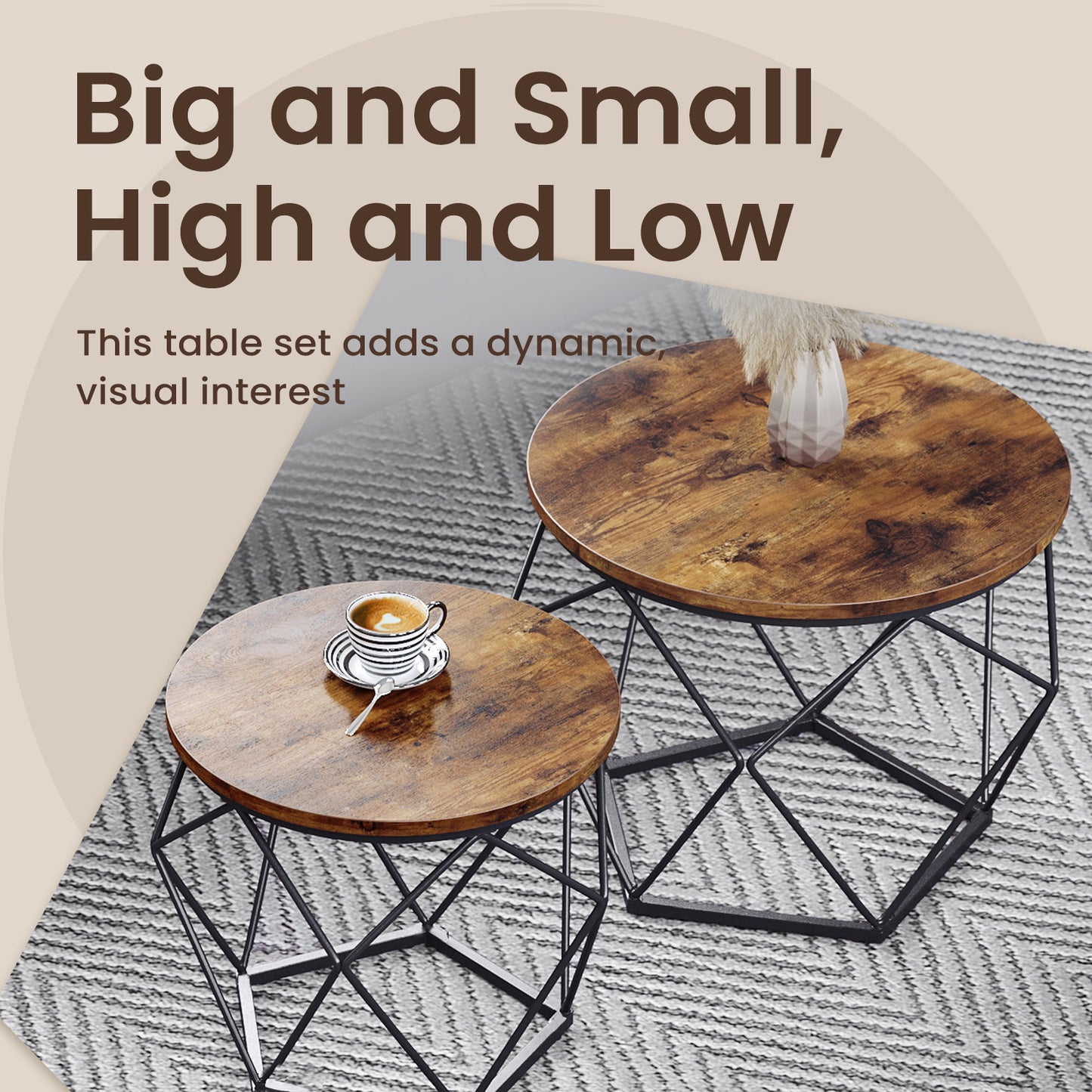 Set of 2 Round Coffee Tables, Small Side End Tables with Steel Frame for Living Room and Bedroom, Rustic Brown and Ink Black