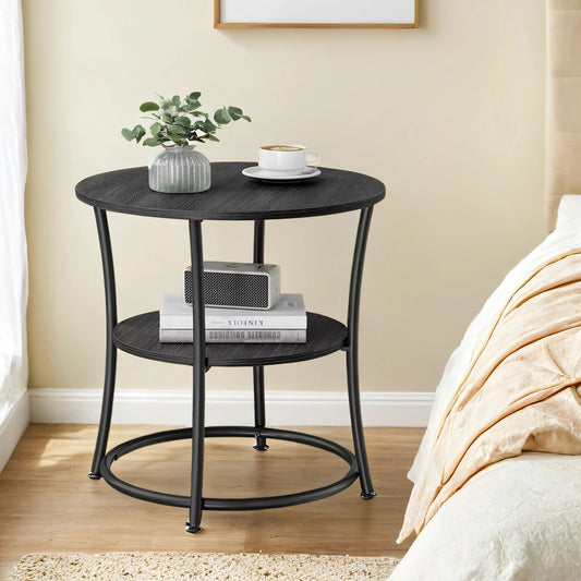 Round Side Table with Storage - 2-Tier Design, Steel Frame, 66lb Capacity, Space-Saving, Charcoal Gray and Black