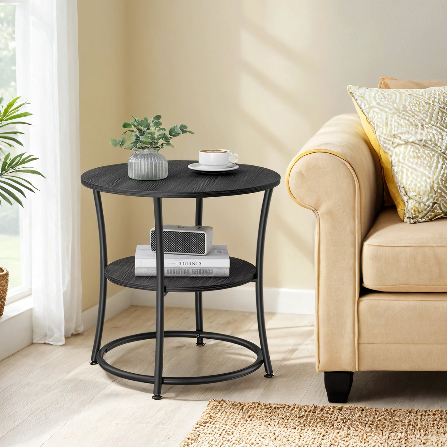 Round Side Table with Storage - 2-Tier Design, Steel Frame, 66lb Capacity, Space-Saving, Charcoal Gray and Black