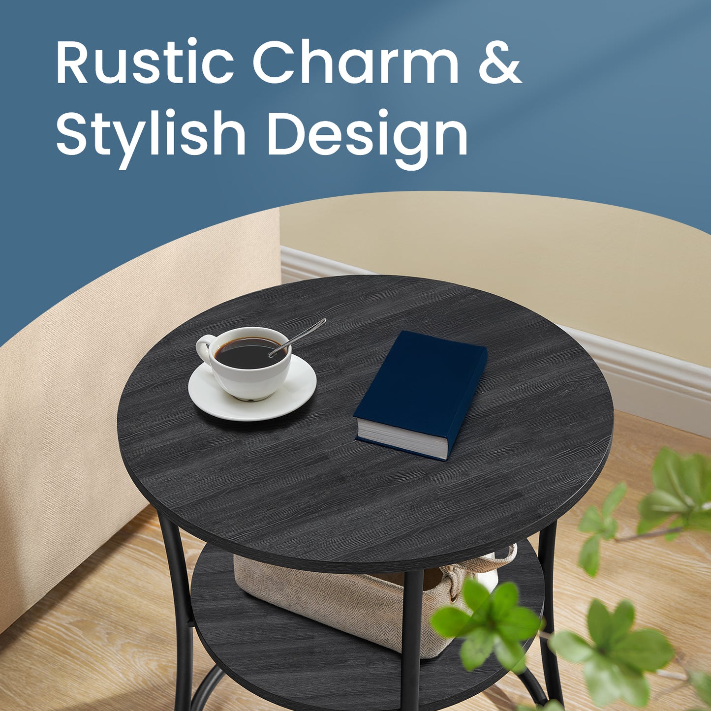 Round Side Table with Storage - 2-Tier Design, Steel Frame, 66lb Capacity, Space-Saving, Charcoal Gray and Black