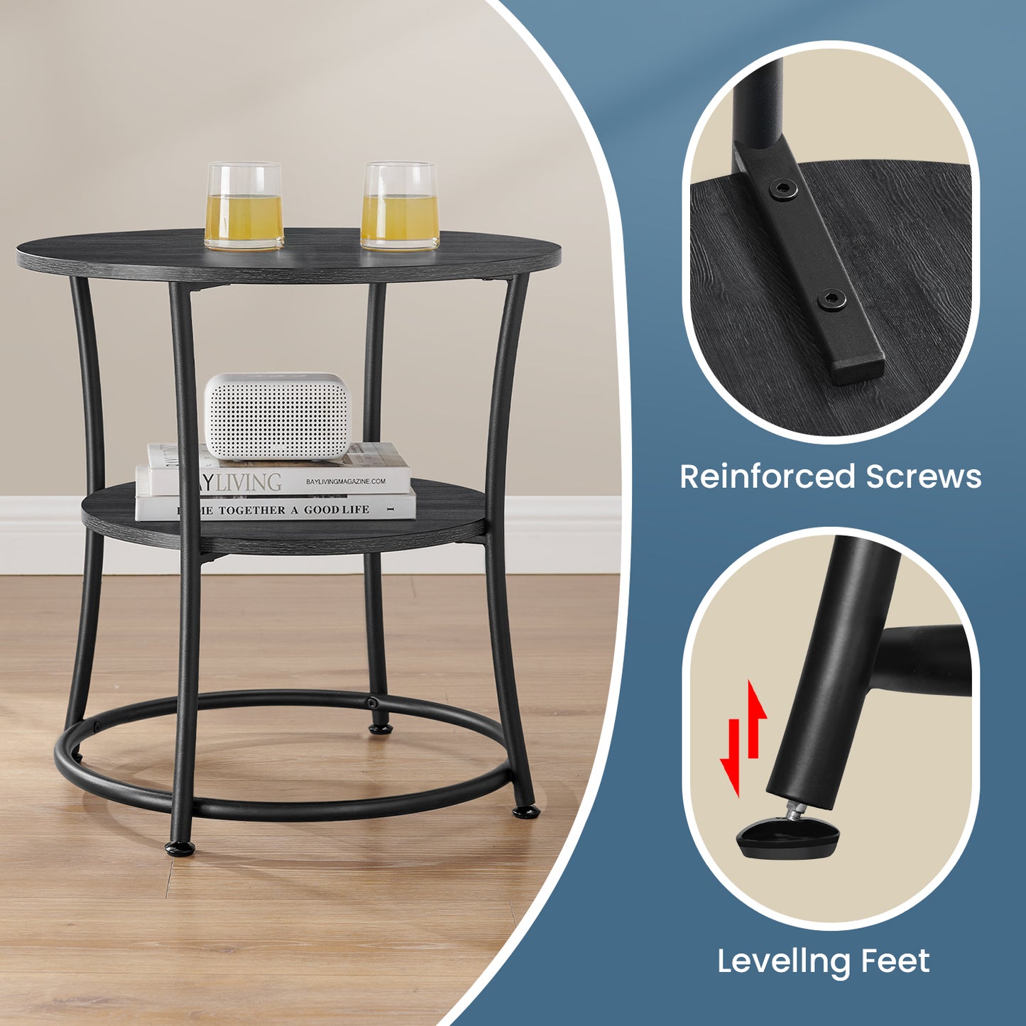 Round Side Table with Storage - 2-Tier Design, Steel Frame, 66lb Capacity, Space-Saving, Charcoal Gray and Black