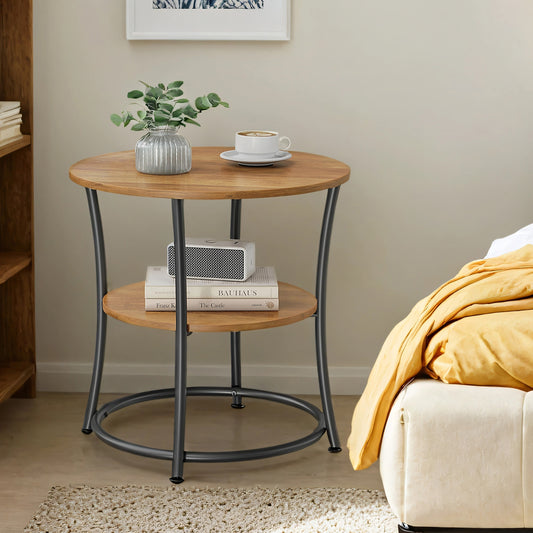 Round Side Table with Storage - 2-Tier Design, Steel Frame, 66lb Capacity, Space-Saving, Rustic Walnut and Black