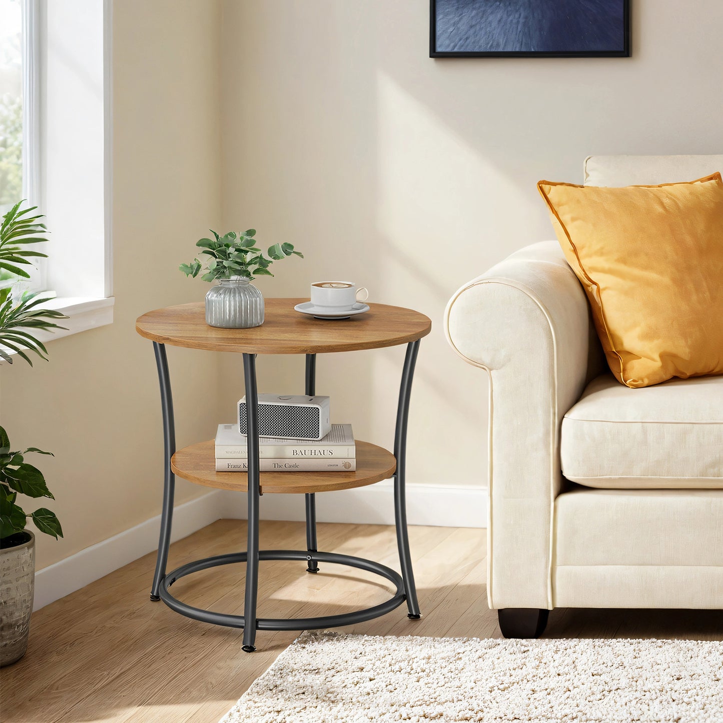 Round Side Table with Storage - 2-Tier Design, Steel Frame, 66lb Capacity, Space-Saving, Rustic Walnut and Black