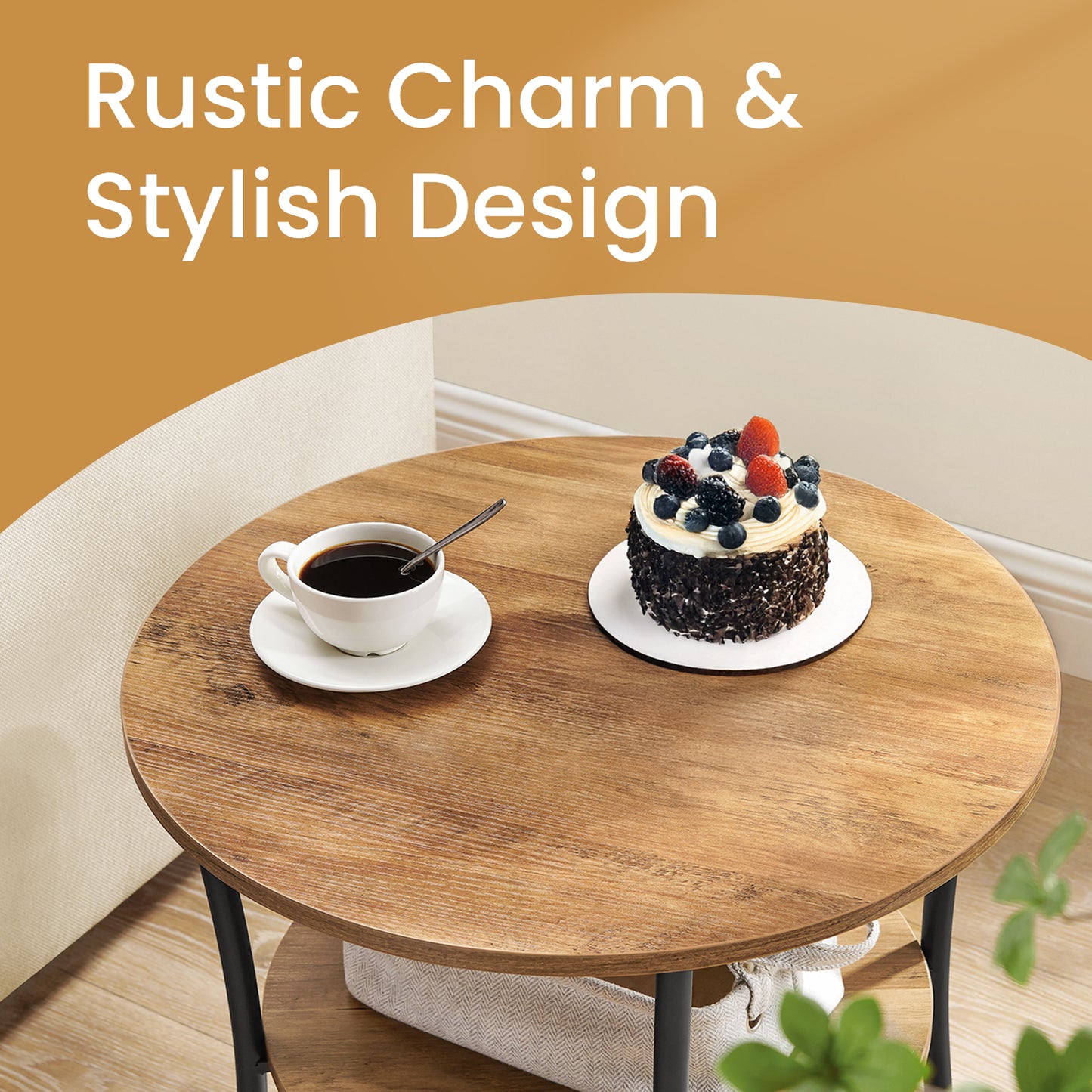 Round Side Table with Storage - 2-Tier Design, Steel Frame, 66lb Capacity, Space-Saving, Rustic Walnut and Black