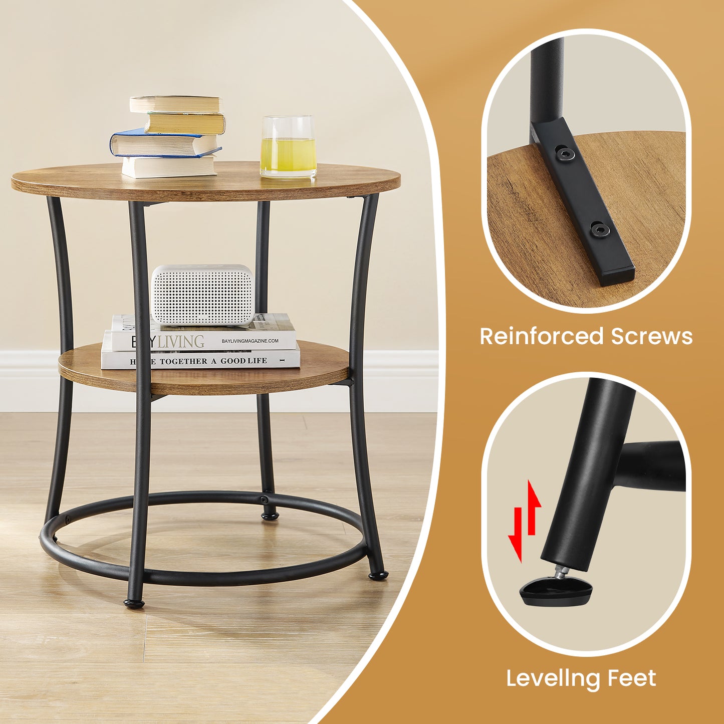Round Side Table with Storage - 2-Tier Design, Steel Frame, 66lb Capacity, Space-Saving, Rustic Walnut and Black