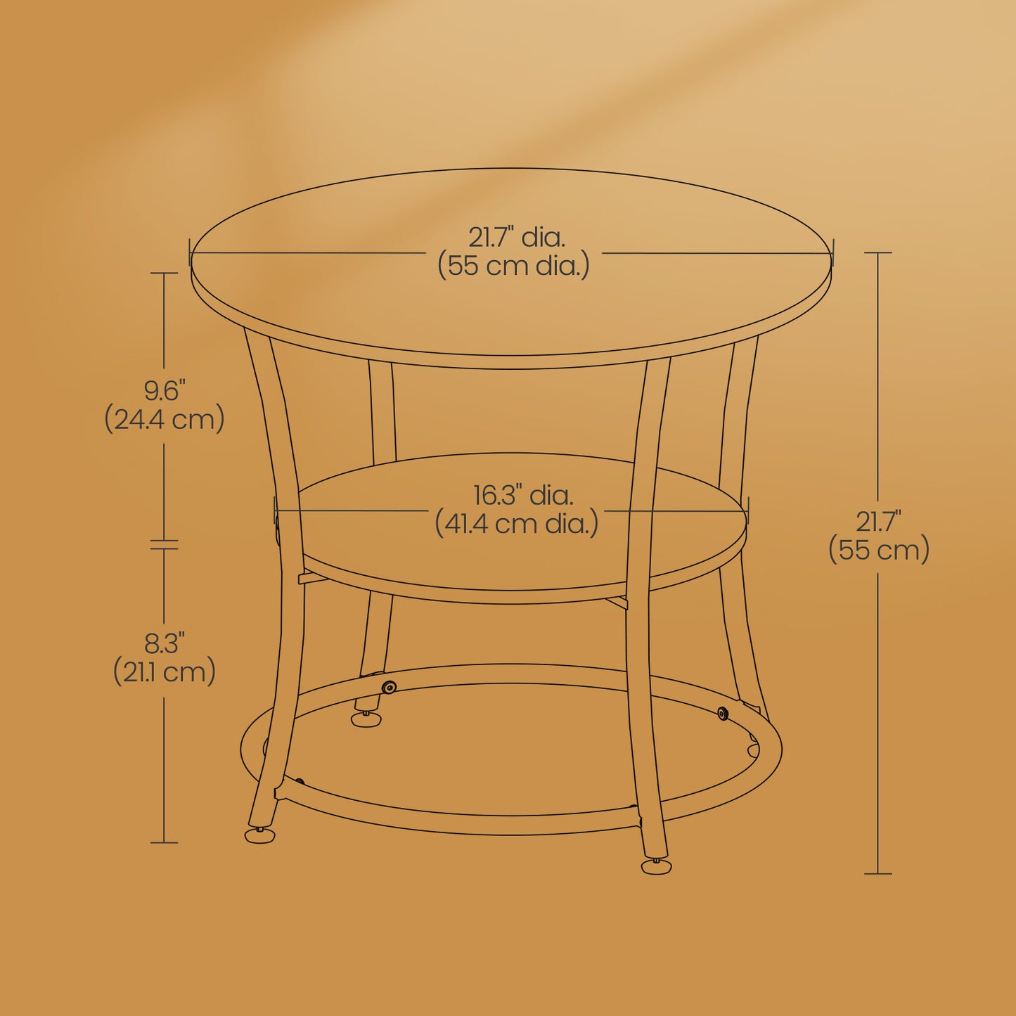 Round Side Table with Storage - 2-Tier Design, Steel Frame, 66lb Capacity, Space-Saving, Rustic Walnut and Black