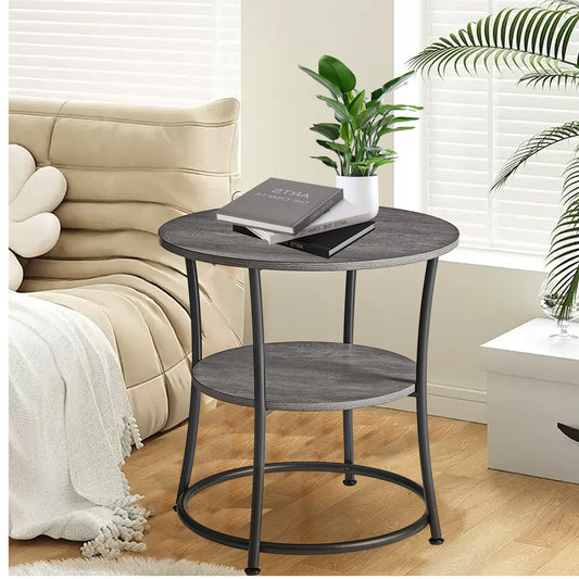 Round Side Table with Storage - 2-Tier Design, Steel Frame, 66lb Capacity, Space-Saving, Misty Gray and Black