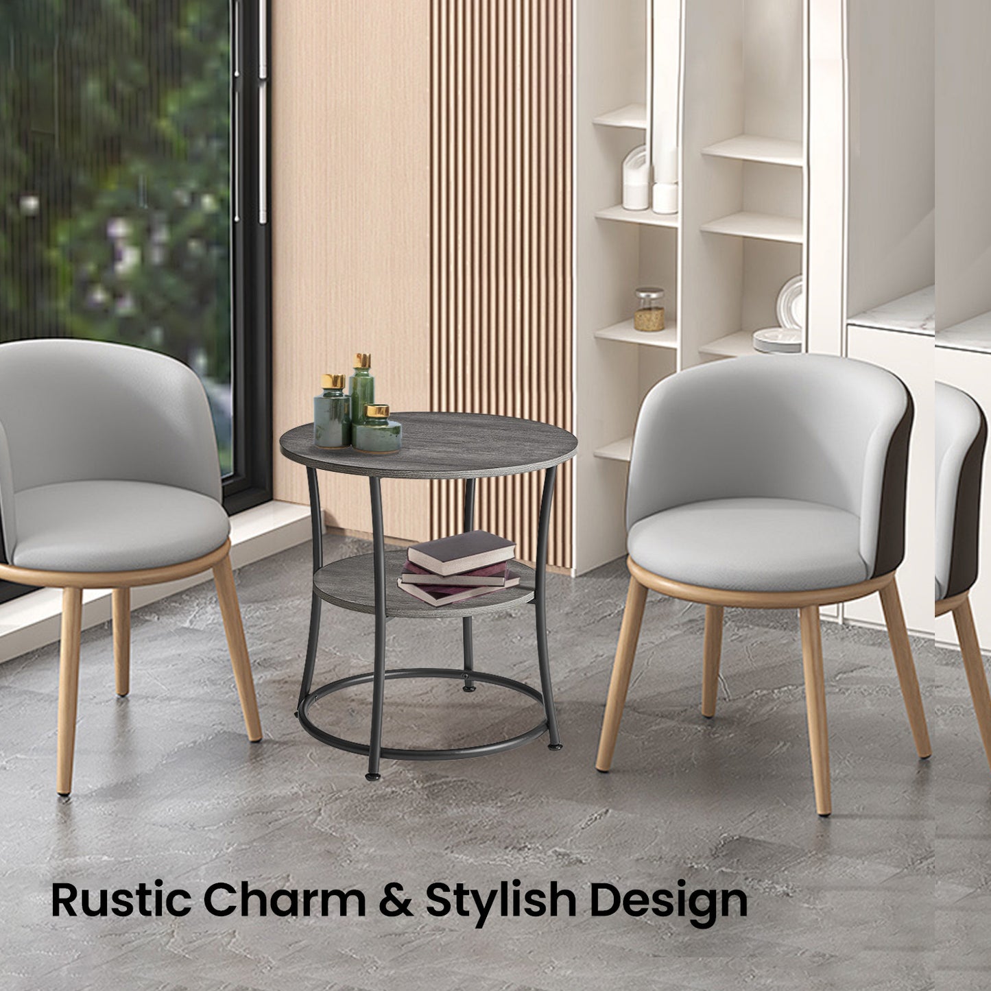 Round Side Table with Storage - 2-Tier Design, Steel Frame, 66lb Capacity, Space-Saving, Misty Gray and Black