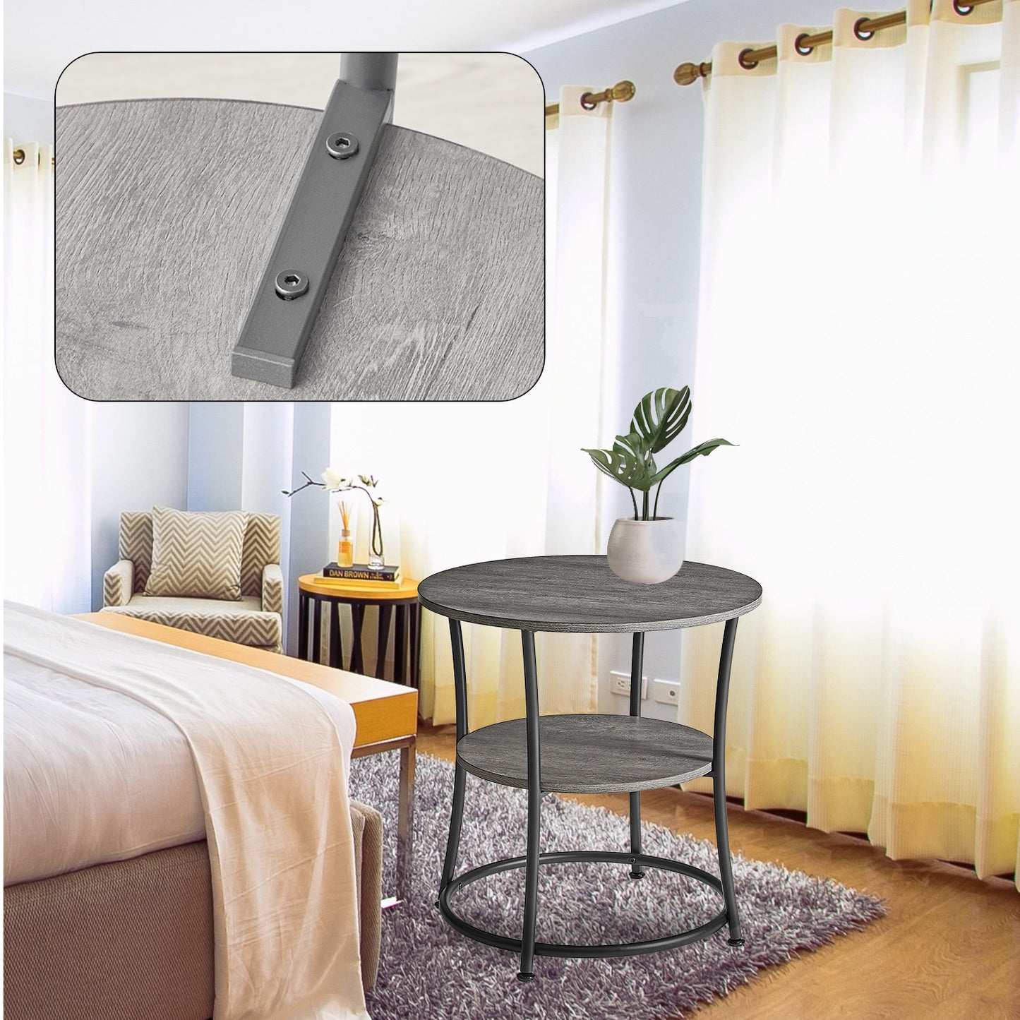 Round Side Table with Storage - 2-Tier Design, Steel Frame, 66lb Capacity, Space-Saving, Misty Gray and Black