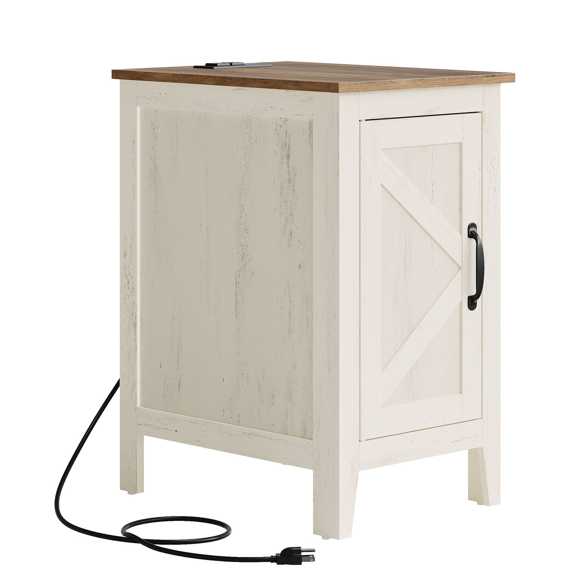 LEDREM End Table with Charging Station, Narrow Bedside Table with Storage Cabinet, 14.2 x 18.9 x 24.8 Inches, Rustic White and Honey Brown