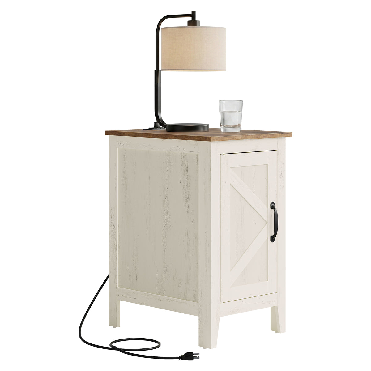 LEDREM End Table with Charging Station, Narrow Bedside Table with Storage Cabinet, 14.2 x 18.9 x 24.8 Inches, Rustic White and Honey Brown