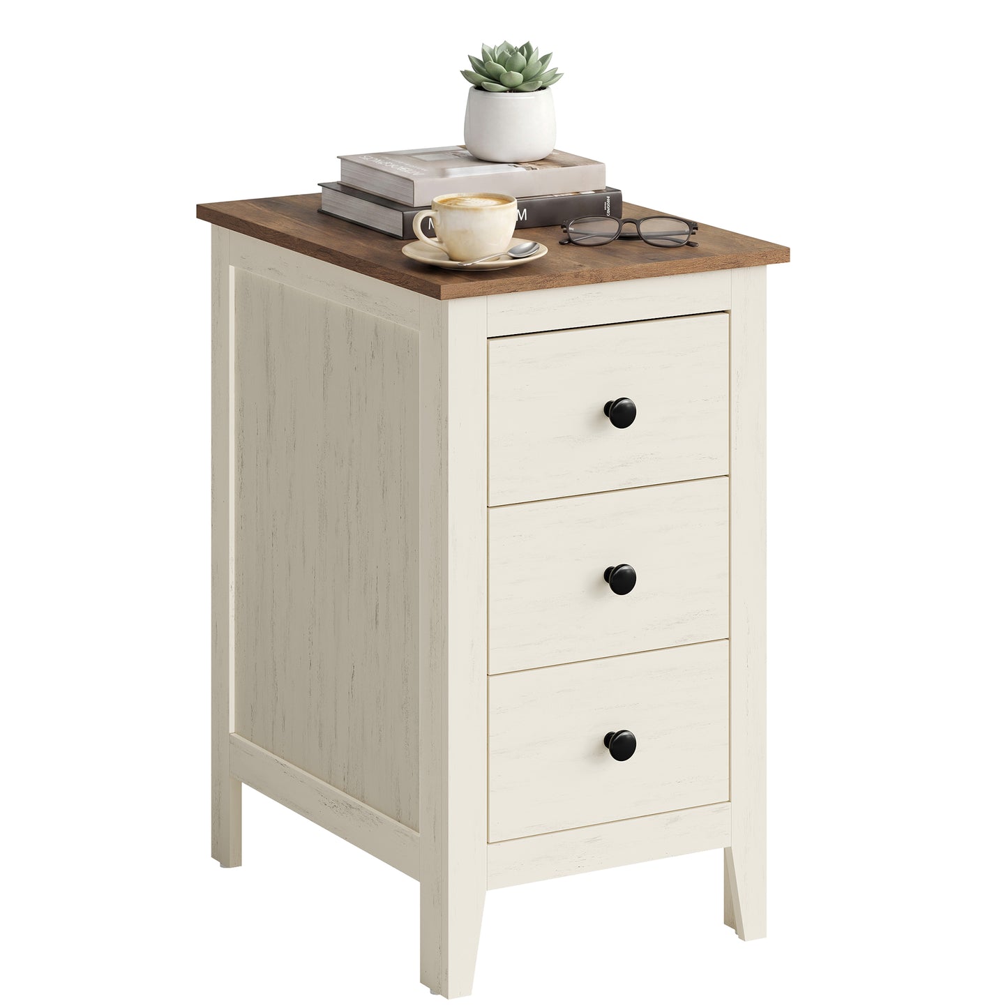 Farmhouse Nightstand with 3 Drawers, Deep Storage End Table, 14.2 x 18.9 x 24.8 Inches, White
