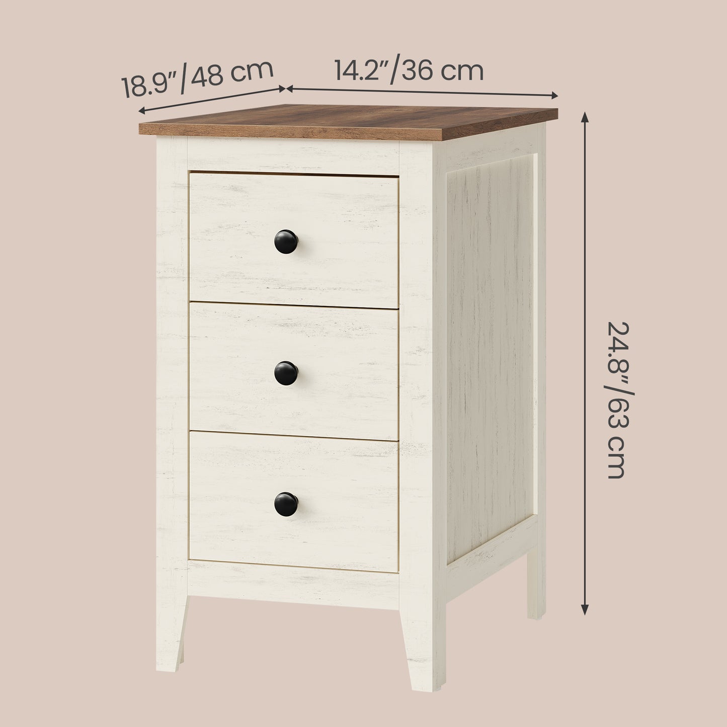 Farmhouse Nightstand with 3 Drawers, Deep Storage End Table, 14.2 x 18.9 x 24.8 Inches, White