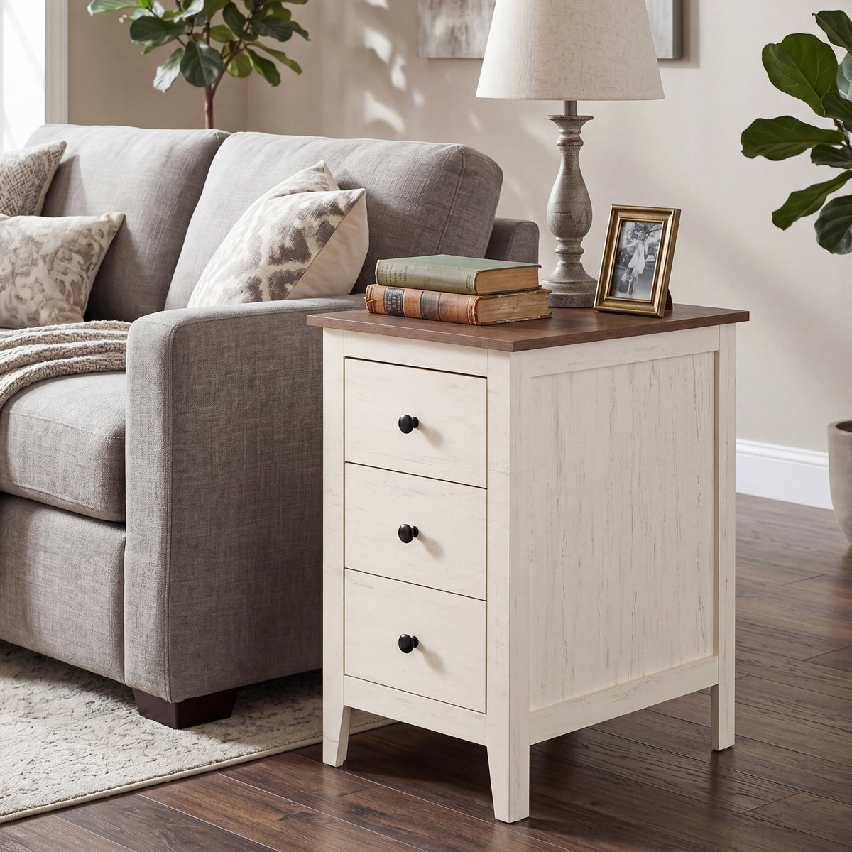 Farmhouse Nightstand with 3 Drawers, Deep Storage End Table, 14.2 x 18.9 x 24.8 Inches, White